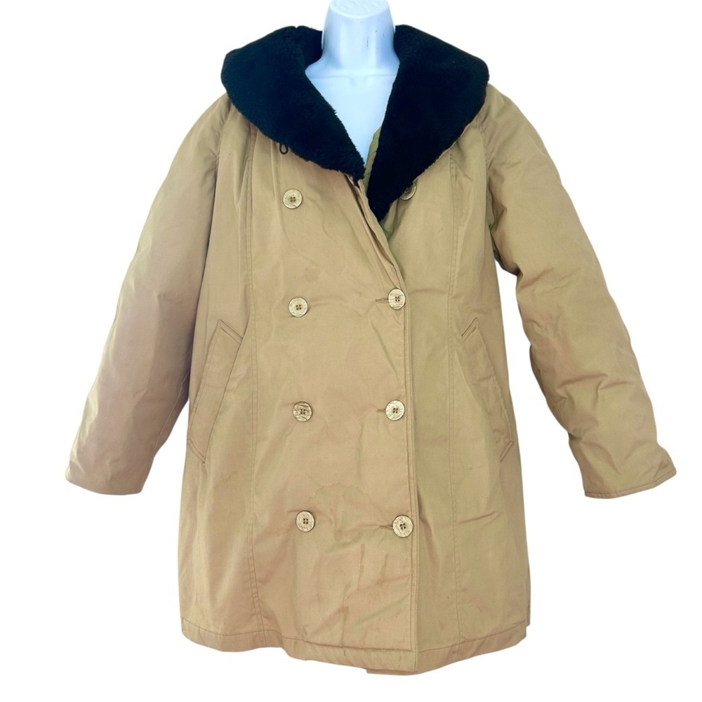 Eddie Bauer Vtg Goose Down Tan Double-Breasted Coat Faux Fur Collar Womens L USA